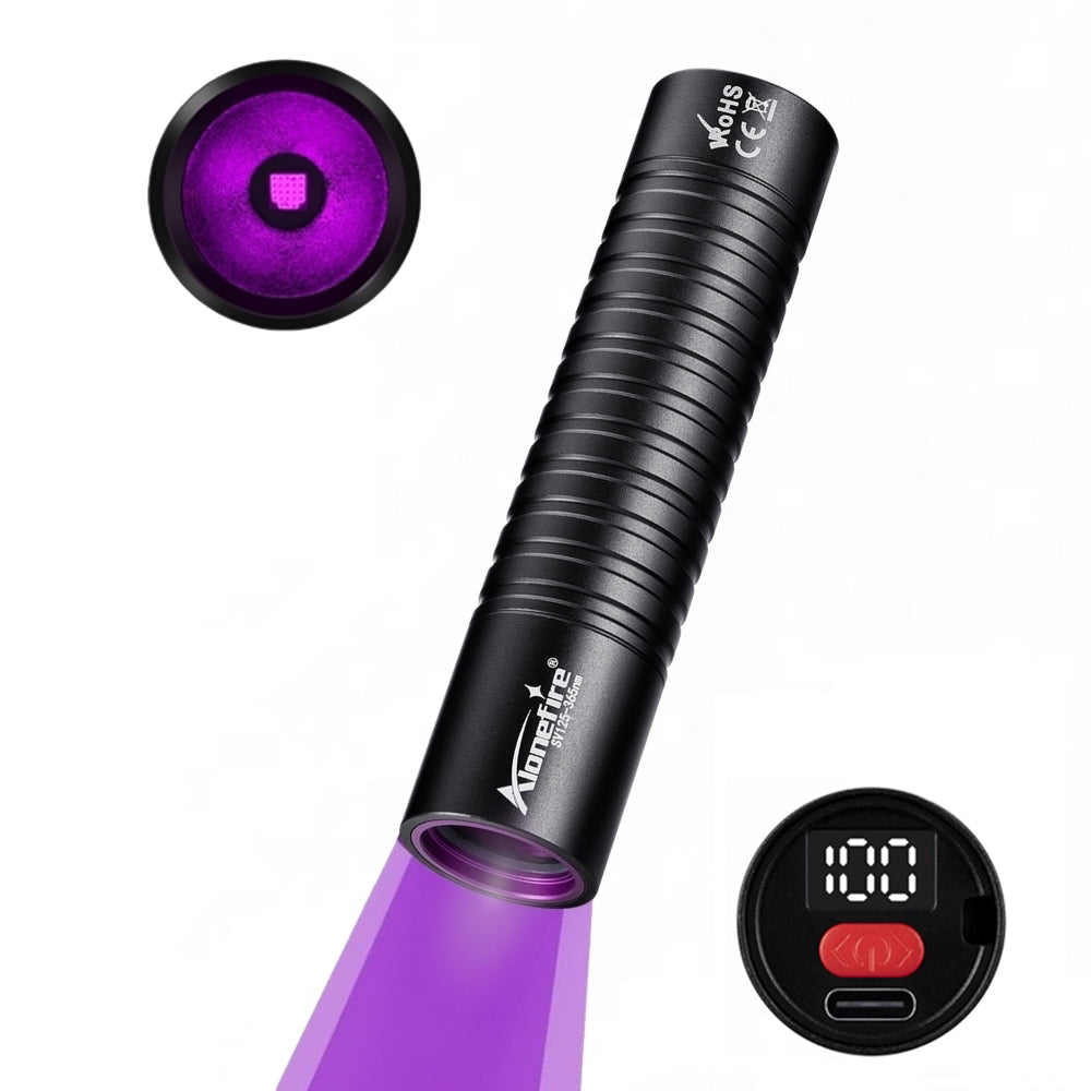 Alonefire SV125 Mini 365nm UV Flashlight USB C Rechargeable Digital Display Woods Lamp Money Detector Black Light for Pet Urine Detection, Scorpion, Fishing, Minerals, Rocks with Battery