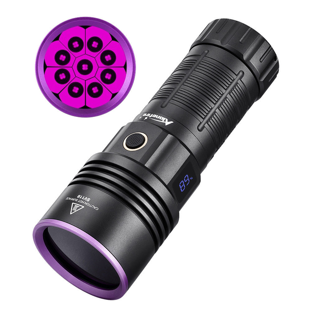 Alonefire SV119 365nm UV Flashlight 90W Powerful Blacklight Digital Display USB C Rechargeable Black Light for Pet Urine Detector, Scorpion, Resin, Bed Bug, Fishing
