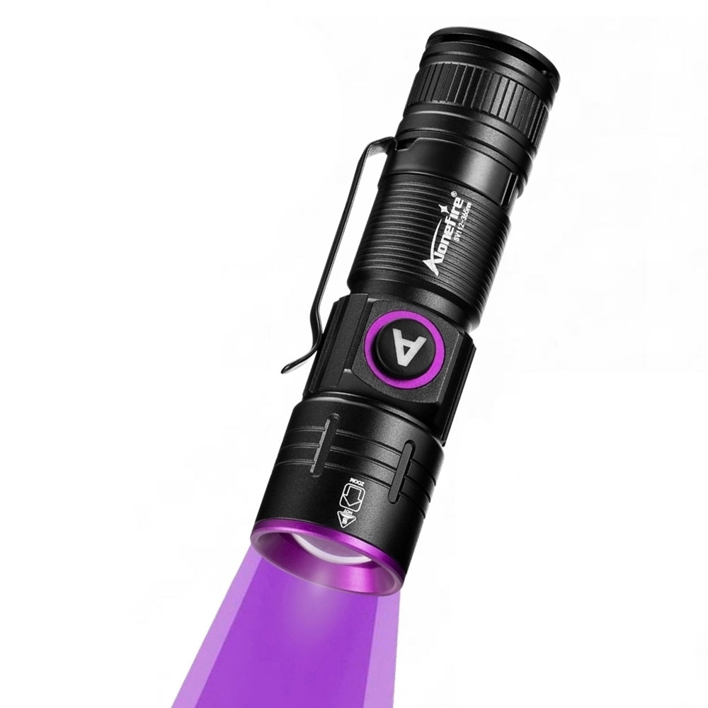 Alonefire SV112 Mini 365nm UV Flashlight USB Rechargeable Zoom Woods Lamp Money Detector Black Light for Pet Urine Detection, Scorpion, Fishing, Minerals, Rocks with Built-in Battery