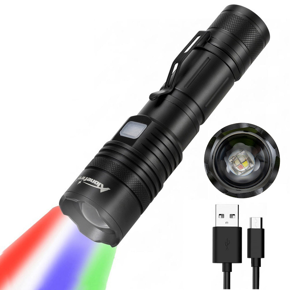 Alonefire X37 Multicolor LED Flashlight 4 Color Change White Blue Green Red Light RGB USB Rechargeable Zoom Waterproof with Reverse Charging, Rechargeable Battery for Tracking Deer Hunting Fishing