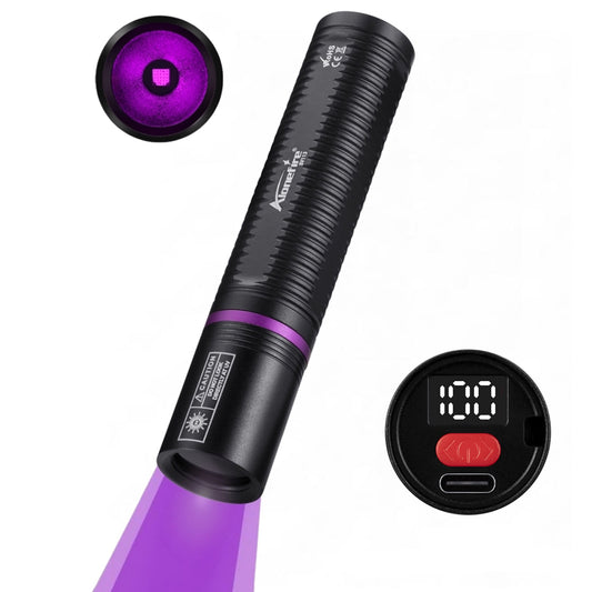 Alonefire SV113 Mini 365nm UV Flashlight USB C Rechargeable Digital Display Woods Lamp Money Detector Black Light for Pet Urine Detection, Scorpion, Fishing, Minerals, Rocks with Built-in Battery