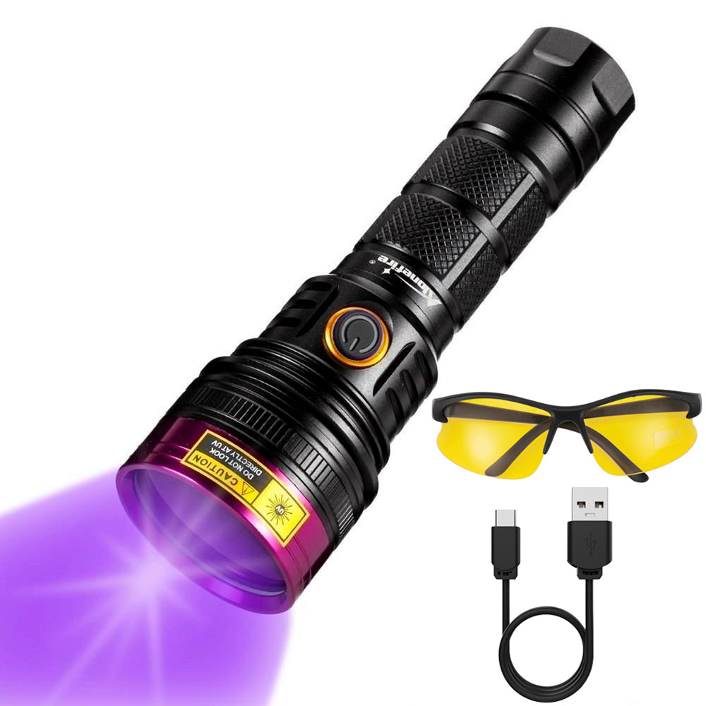 Alonefire SV18 12W 365nm UV Flashlight Powerful USB C Rechargeable Woods Lamp Black Light for Pet Urine Detection, Resin Curing, Minerals, Fishing,Scorpion, Bed Bug with UV Protective Glasses,Battery