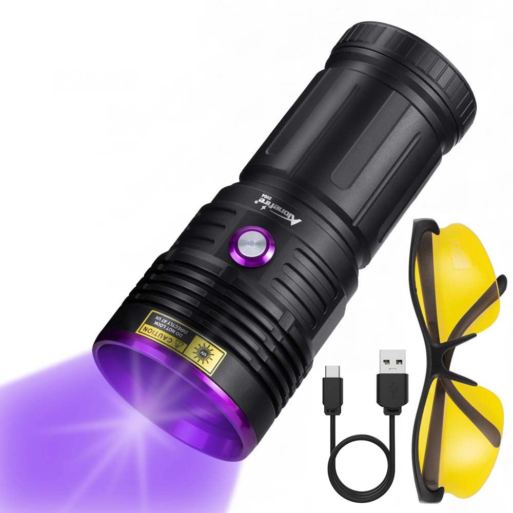 Alonefire SV84 365nm UV Flashlight Strong 45W USB C Rechargeable Black Light for Pet Urine Detection, Resin Curing, Scorpion, Fishing, Minerals, Cure Glue with UV Protective Glasses, 4PCS Battery