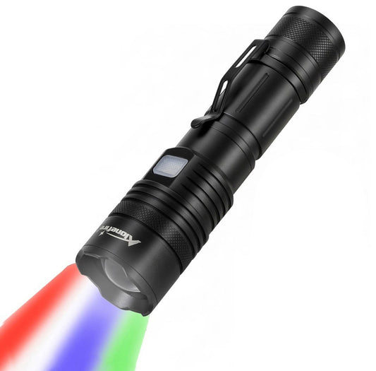 Alonefire X37 Multicolor LED Flashlight 4 Color Change White Blue Green Red Light RGB USB Rechargeable Zoom Waterproof with Reverse Charging for Tracking Deer Hunting Fishing