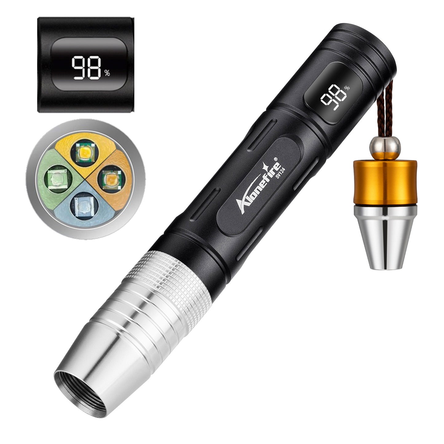 Alonefire SV124 EDC Flashlight Mini 365nm/395nm UV Blacklight, Yellow and White Light Digital Display USB C Rechargeable Pet Urine Detector for Rocks Gemstone with Little Focusing Tip,Built-in Battery
